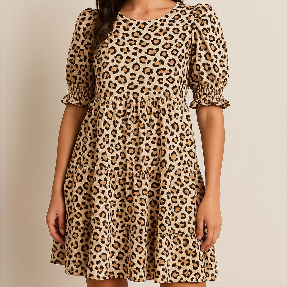 Vici Leopard Print Puff Sleeve Midi Dress